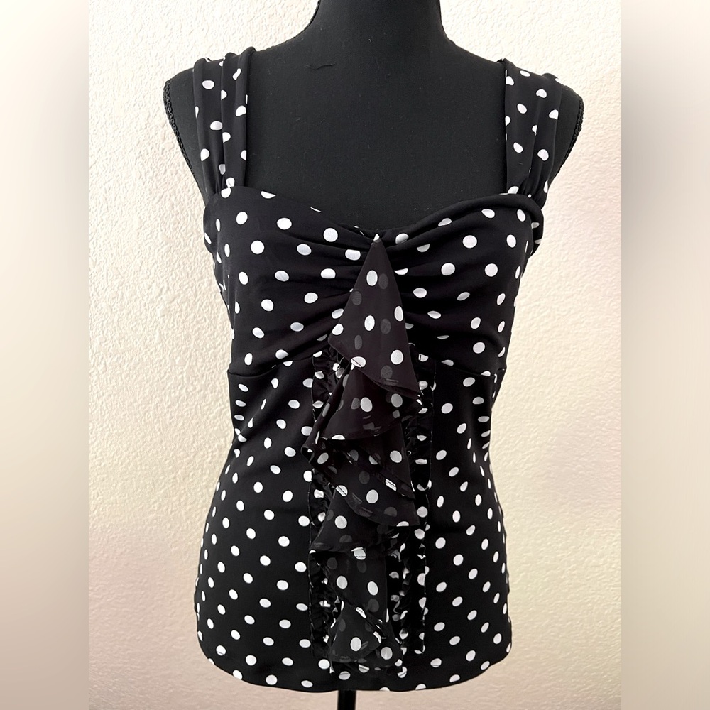 Vintage Y2K White House Black Market Black & White Polka Dot Ruffle Tank Top